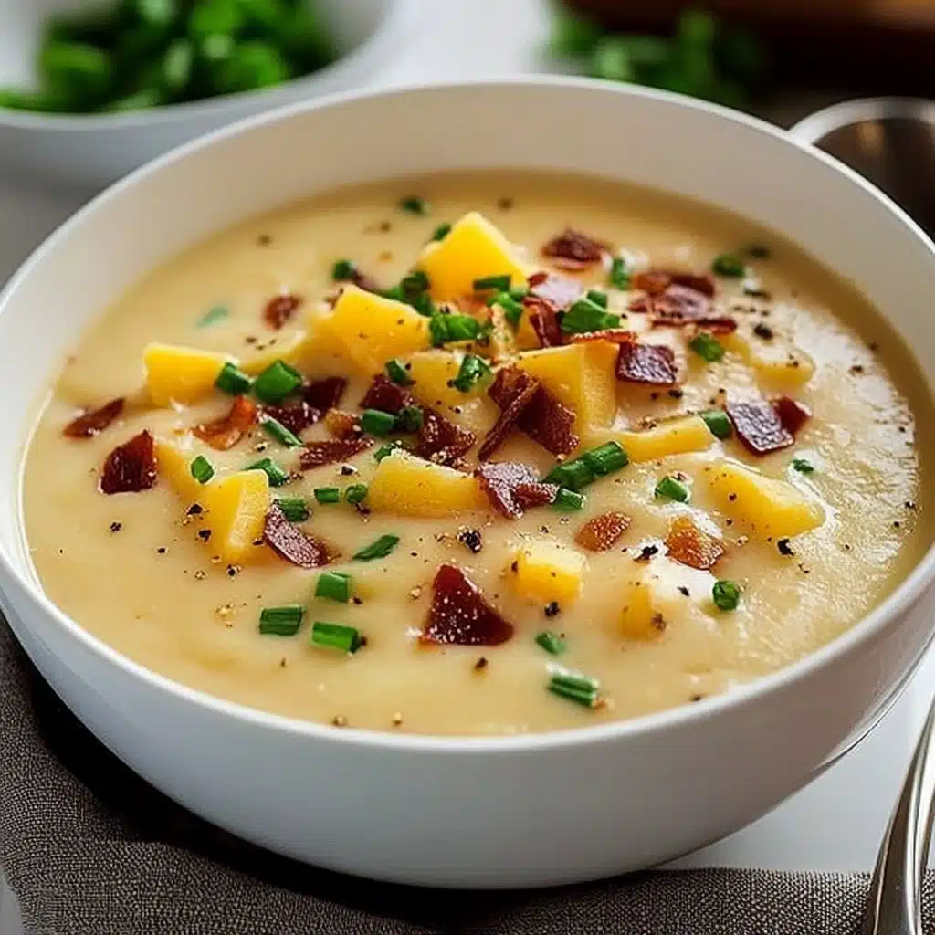 a bowl of soup with cheese and bacon in it next to bread on the side