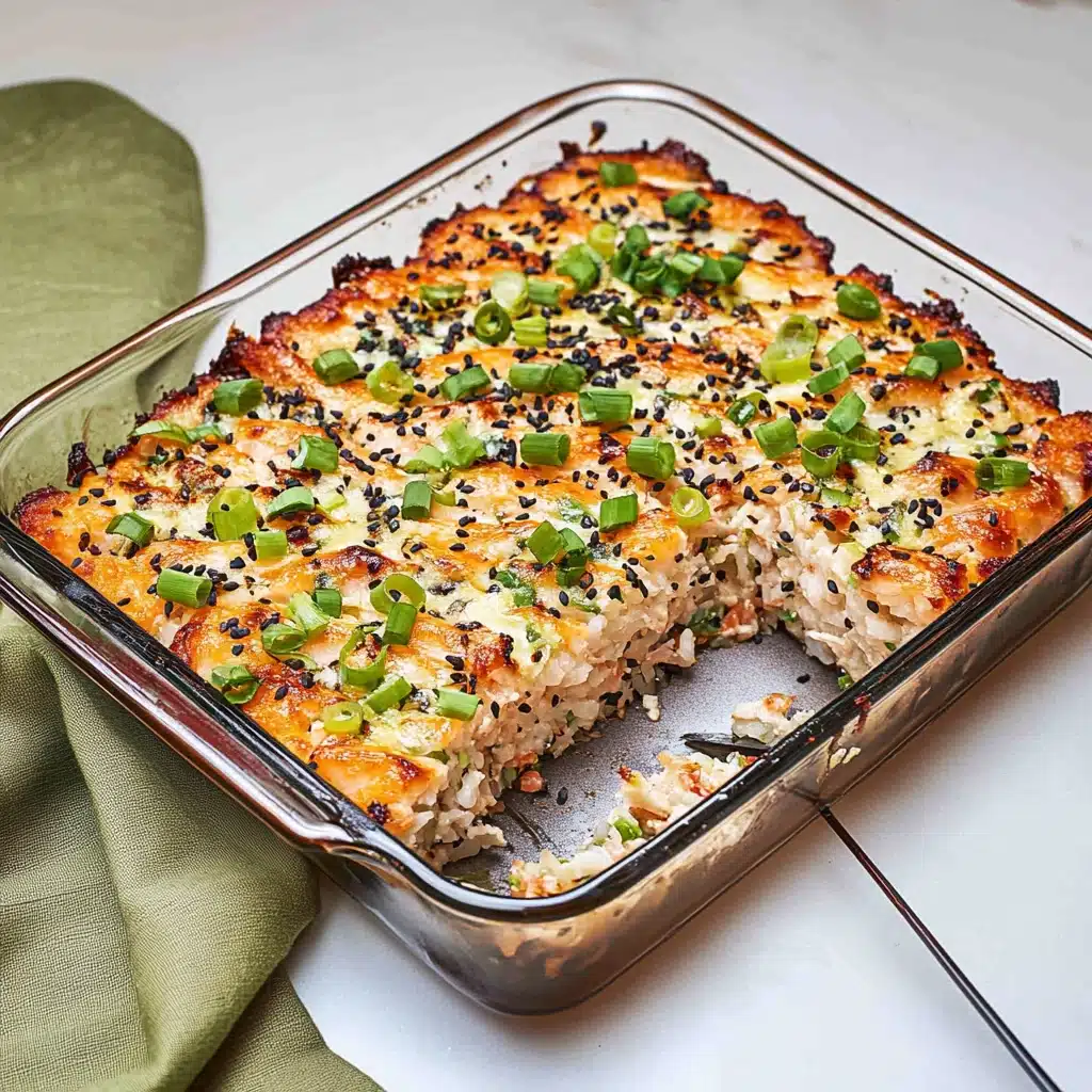 salmon sushi bake in a white casserole dish