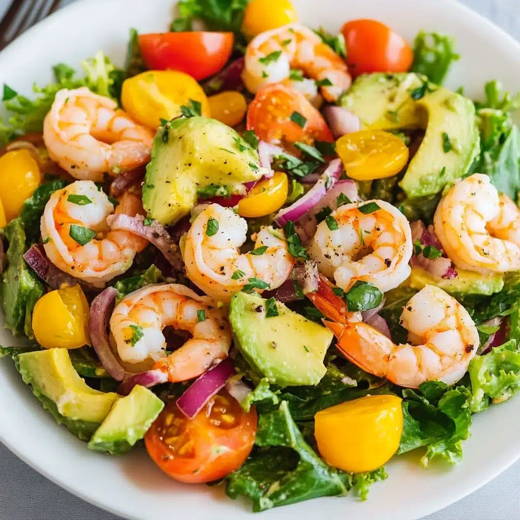 shrimp salad with avocado and cilantro in a white bowl