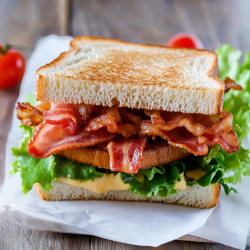 bacon sandwich with cheese and lettuce on it is shown in two different images