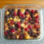 a casserole dish with berries in it and the words healthy overnight breakfast casserole just 5 ingredients