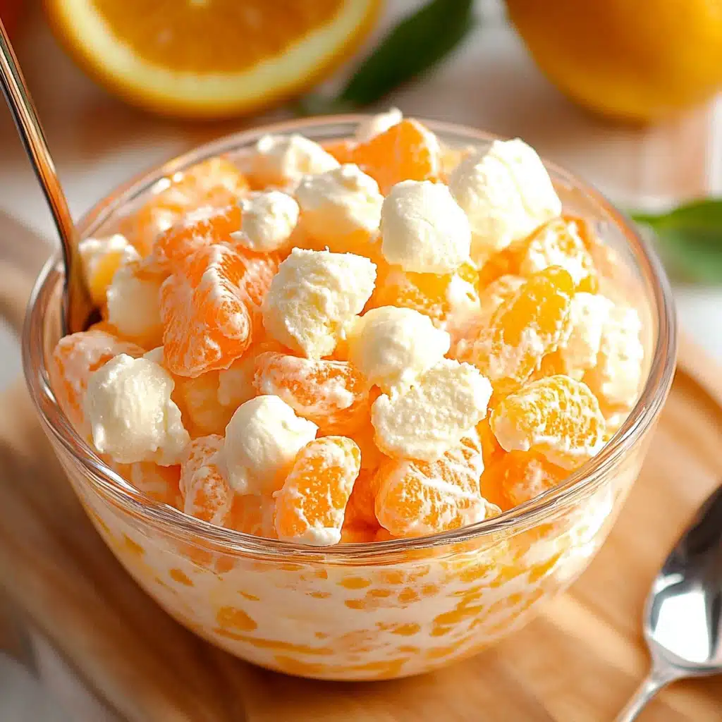 oranges and marshmallows in a bowl with text overlay that reads easy & tasty sunshine salad