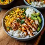 two pictures of chicken and corn with ranch dressing on top, and the words street corn chicken rice bowl