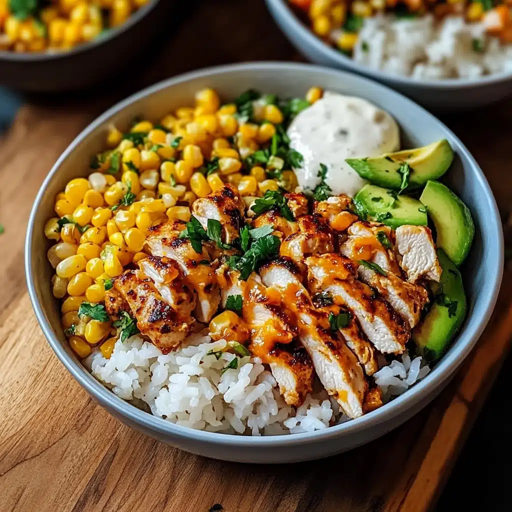 two pictures of chicken and corn with ranch dressing on top, and the words street corn chicken rice bowl