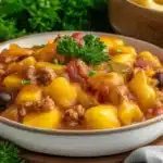 two pictures showing the different types of food in each dish, including meat and potatoes
