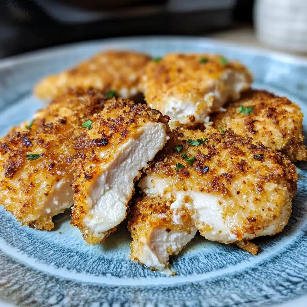 air fryer parmesan crusted chicken on a plate with sauce and herbs
