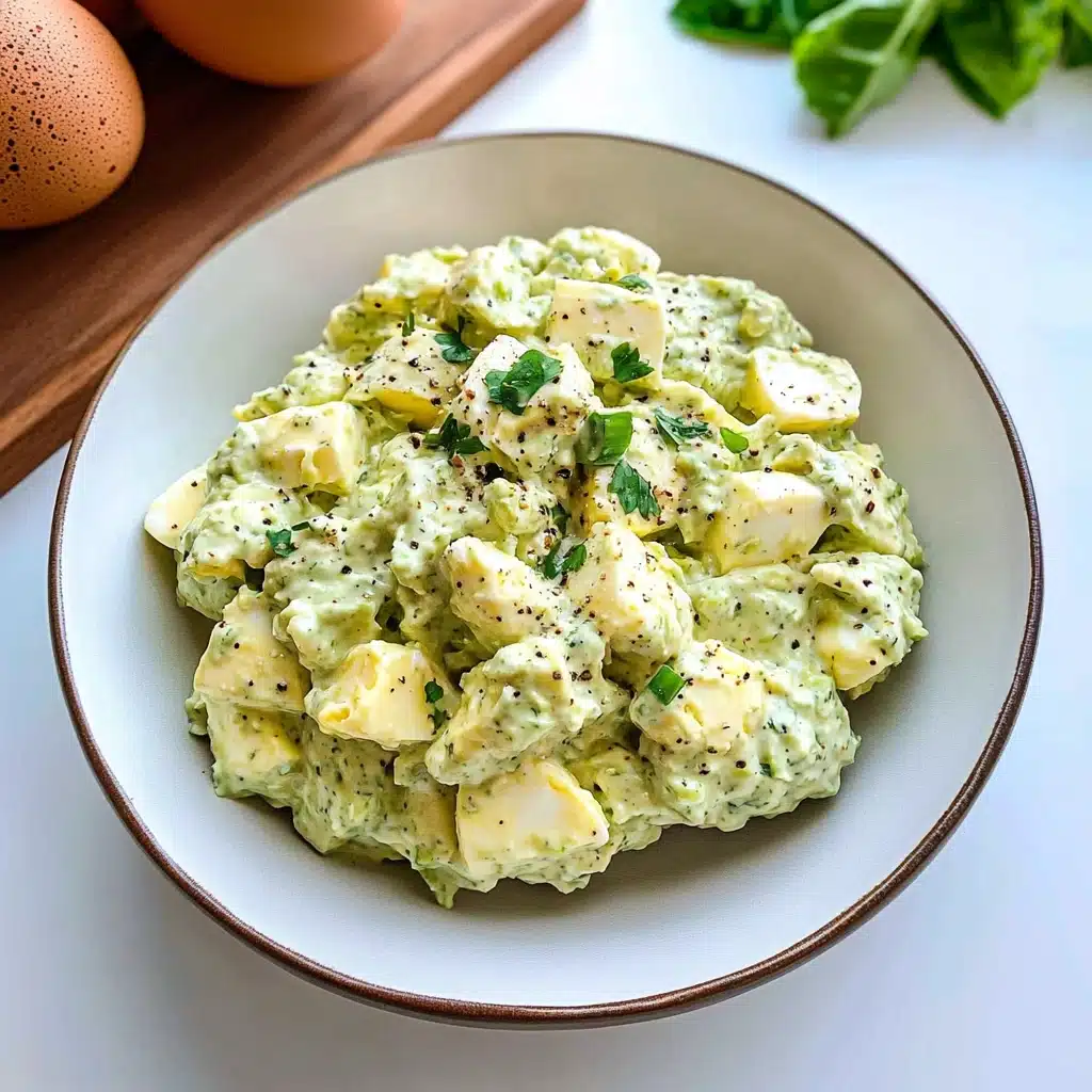 avocado egg salad on a white plate with the words low carb healthy keto