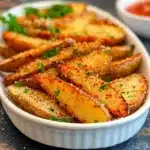 baked garlic parmesan potato wedges on a white plate