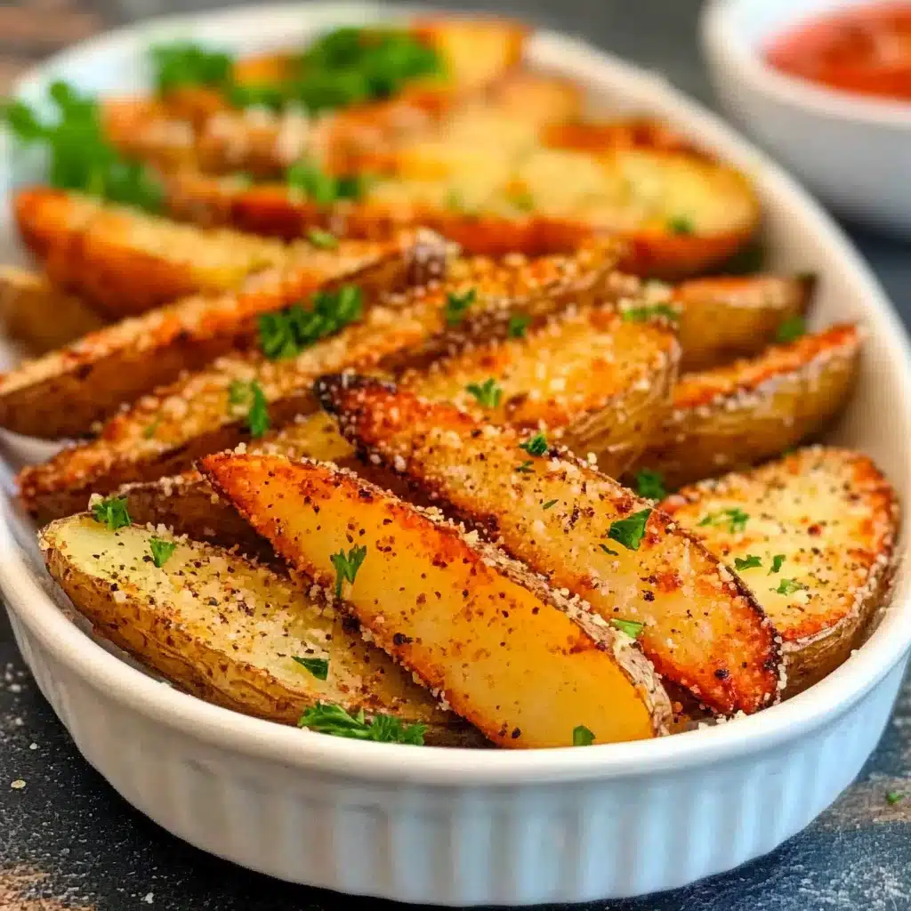 baked garlic parmesan potato wedges on a white plate