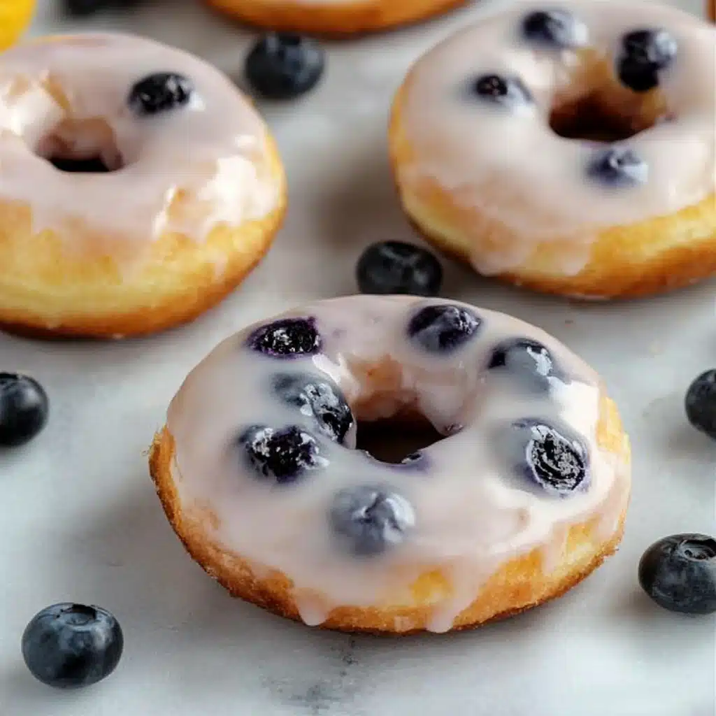 lemon blueberry baked donuts on a cooling rack and being drizzled with icing