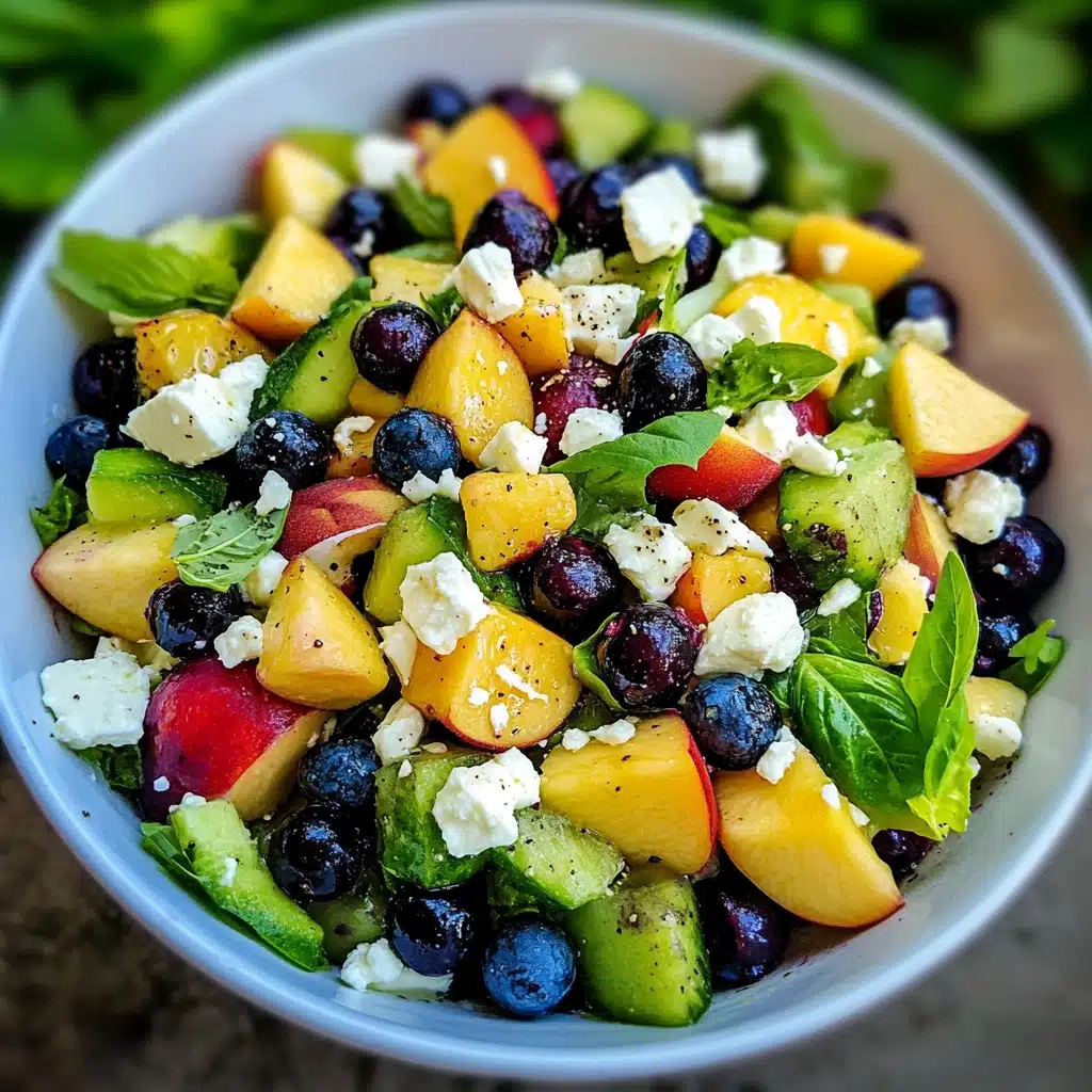 blueberry peach and feta salad with cucumbers in a bowl on the side