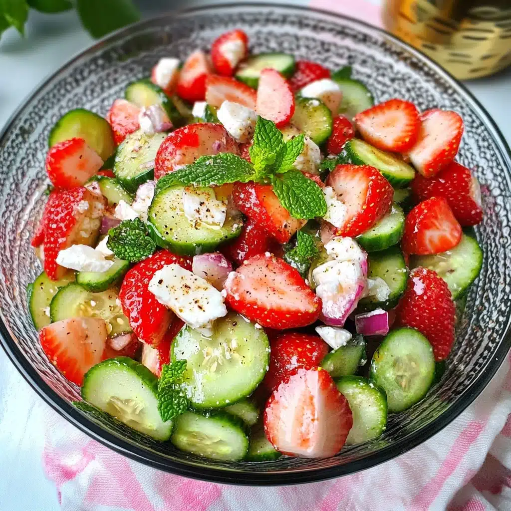 two bowls filled with strawberries and cucumber salad next to lemon wedges