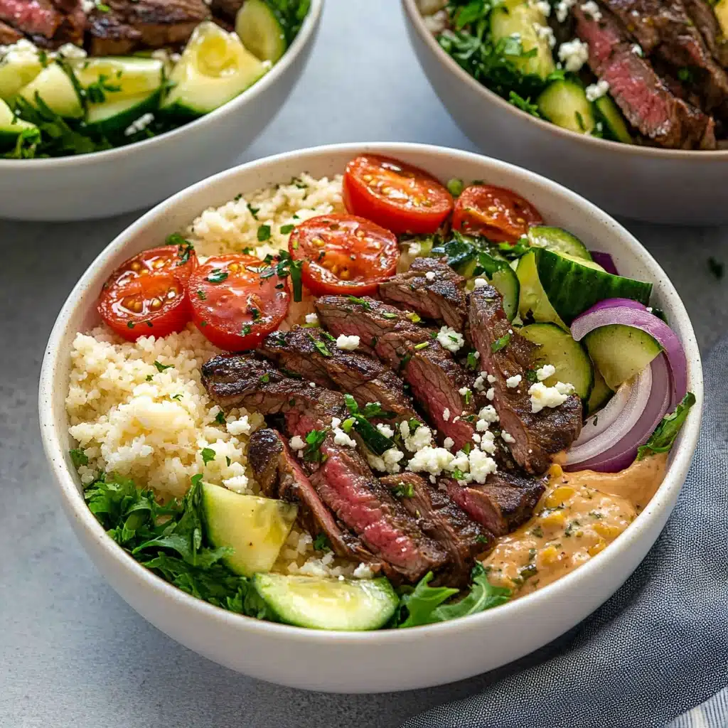steak bowls with tomatoes, cucumbers and other vegetables