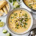 mexican street corn soup in a white bowl