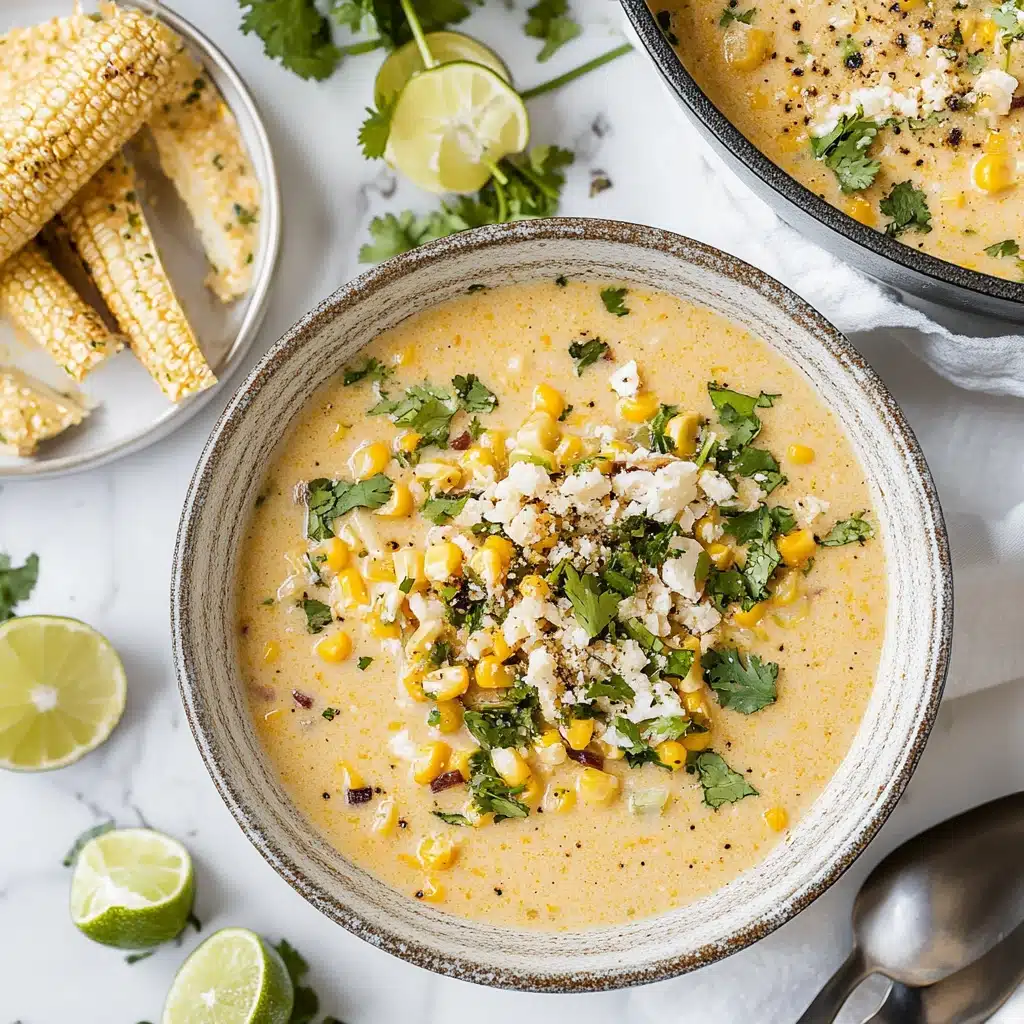 mexican street corn soup in a white bowl