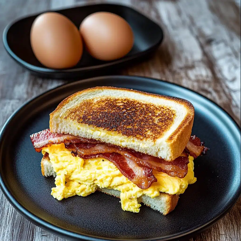 a grilled egg and bacon sandwich stacked on top of each other with parsley