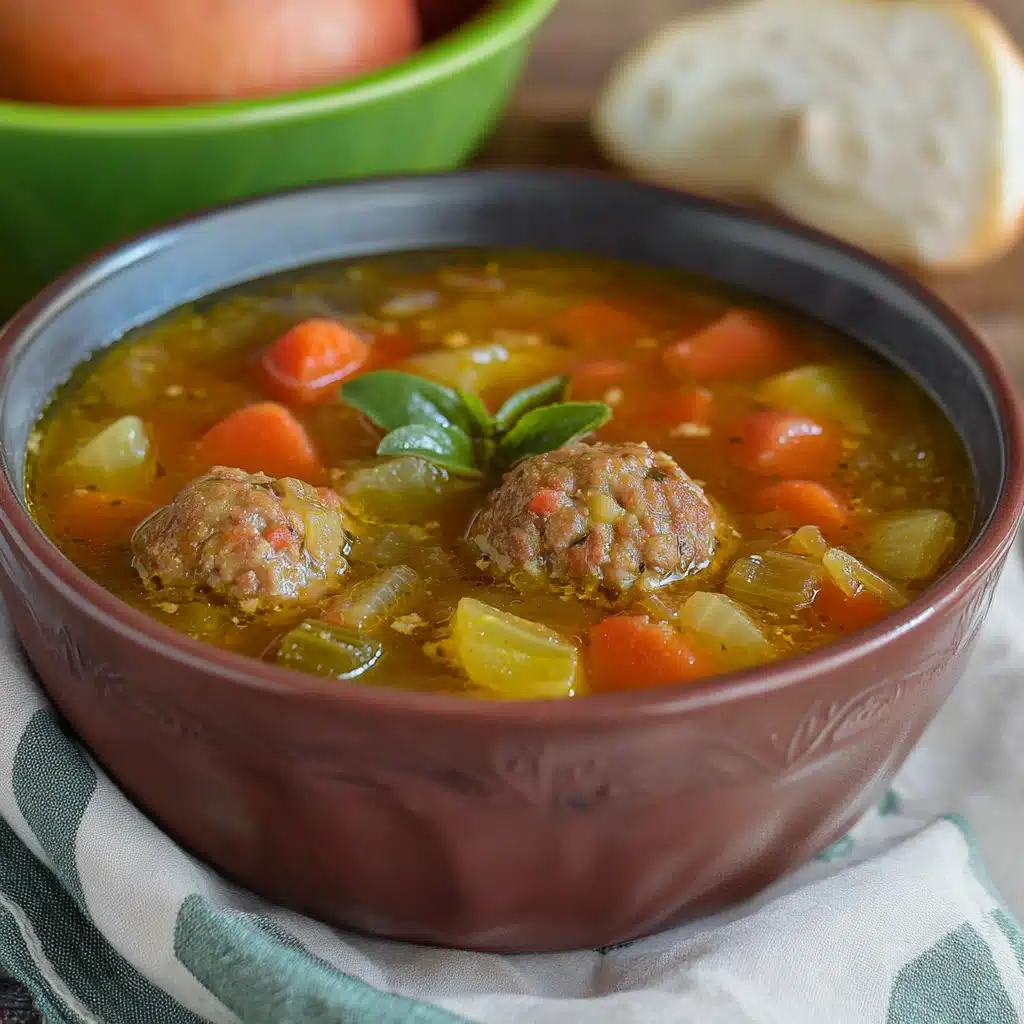 a bowl of meatball vegetable soup with the title overlay