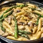a bowl full of mushroom and asparagus pasta with the title overlay reads how to make mushroom chicken penne recipe