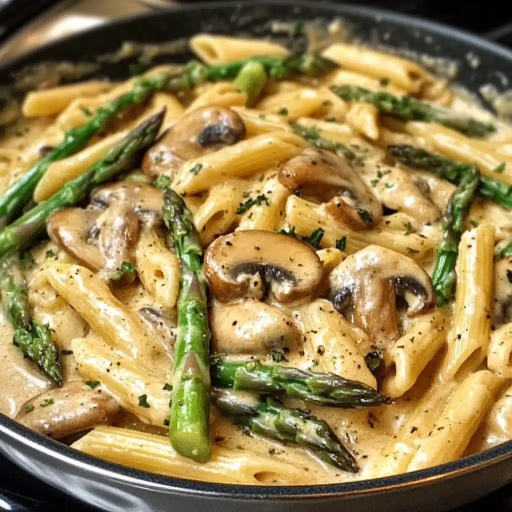 a bowl full of mushroom and asparagus pasta with the title overlay reads how to make mushroom chicken penne recipe