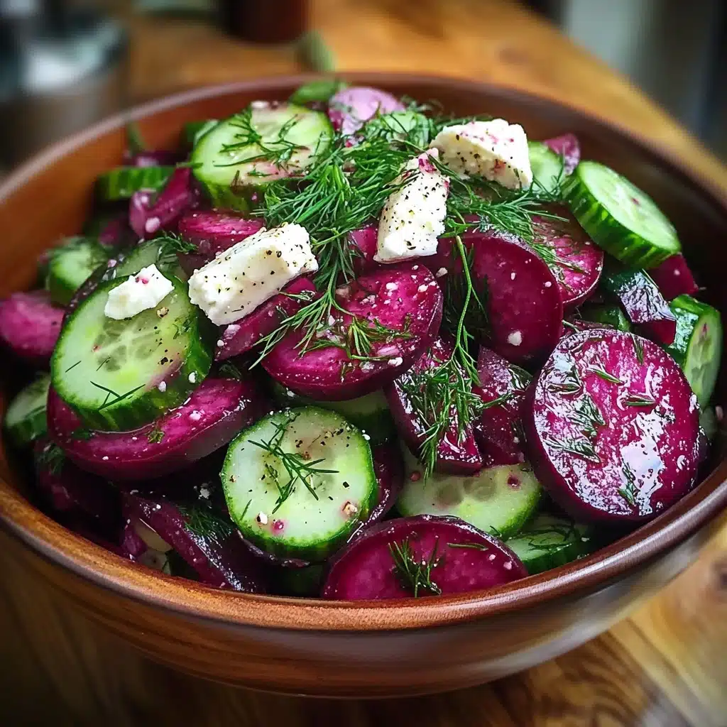 beet salad with feta, cucumbers and dill in a white bowl