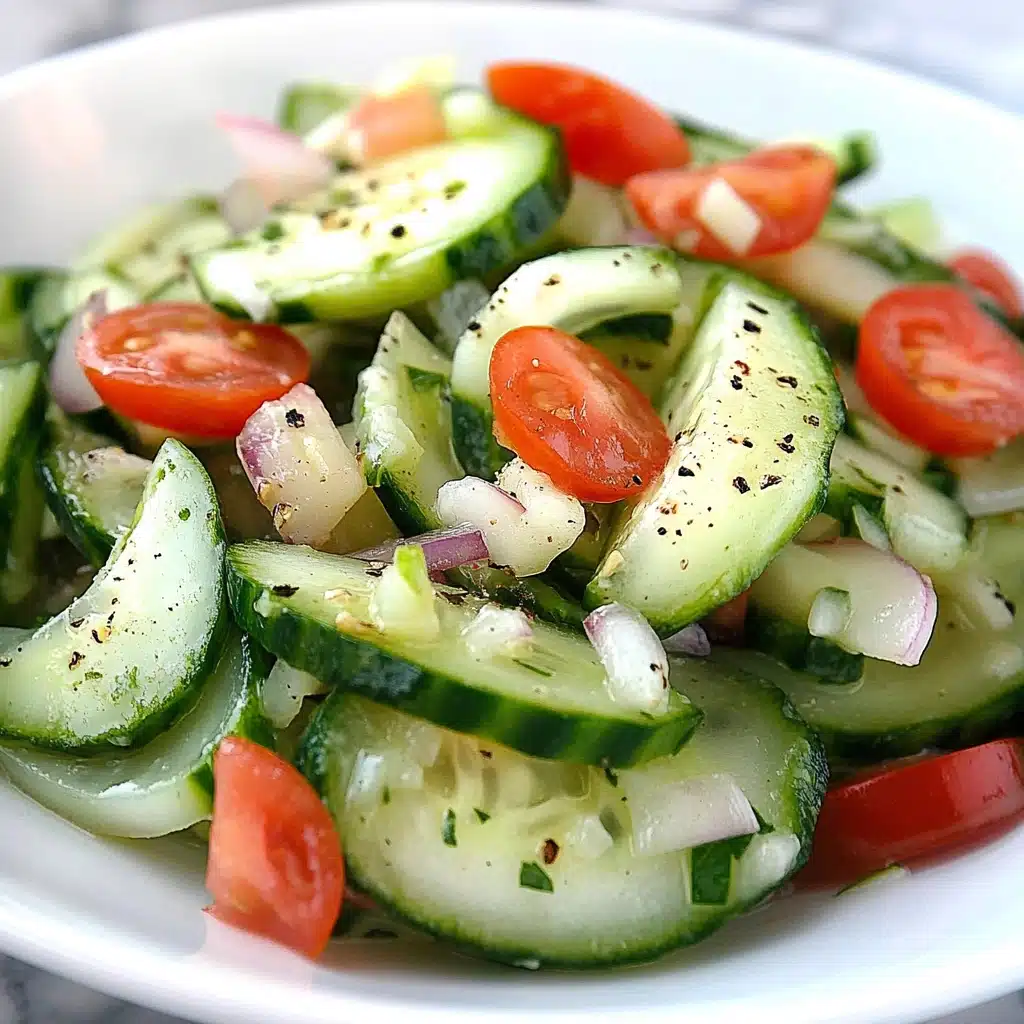 a white plate topped with cucumber salad and text that reads mom's classic tomato and cucumber salad