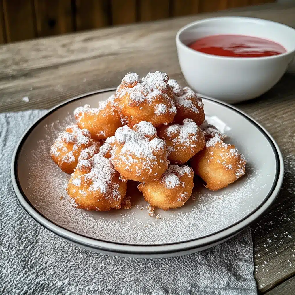 the funnel cake bites are covered in powdered sugar and sprinkled with icing