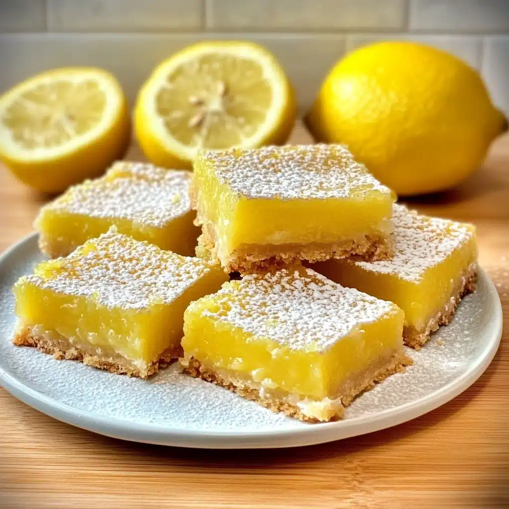 lemon bars are stacked on top of each other with powdered sugar in the middle