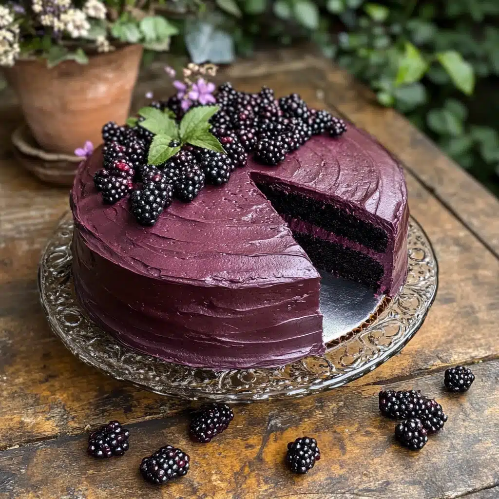 a cake with berries on top and the words delicious blackberry velvet gothic cake