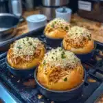 spaghetti garlic bread bowls with text overlay