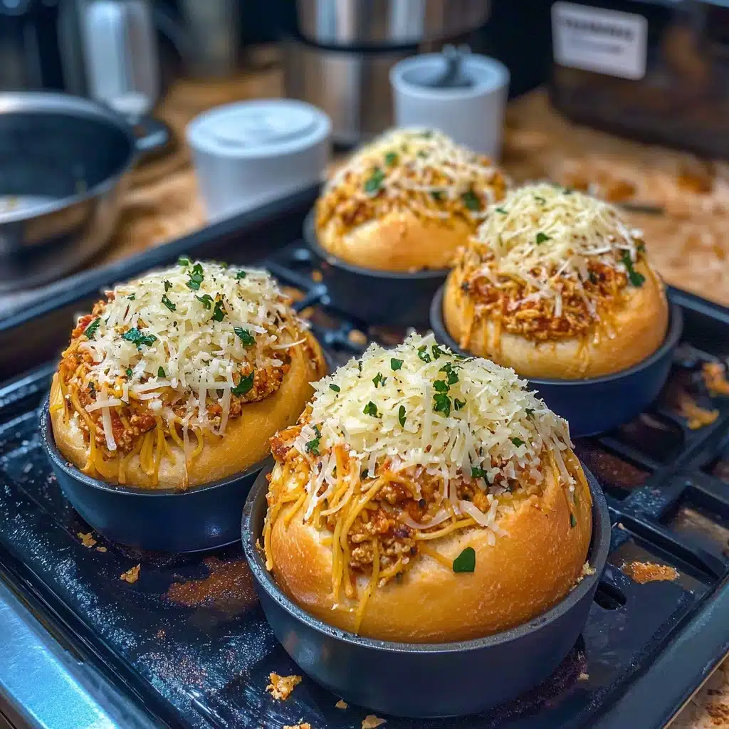 spaghetti garlic bread bowls with text overlay
