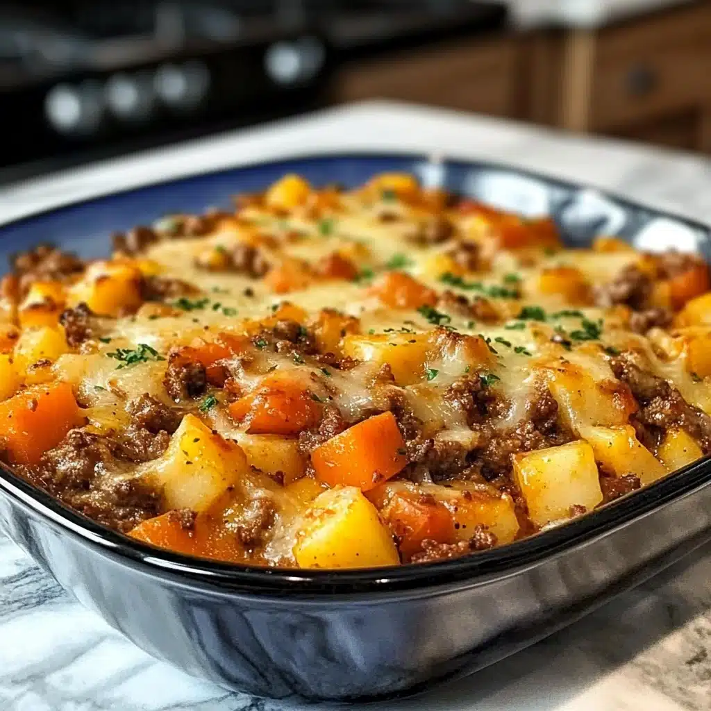 a casserole dish with meat, potatoes and carrots
