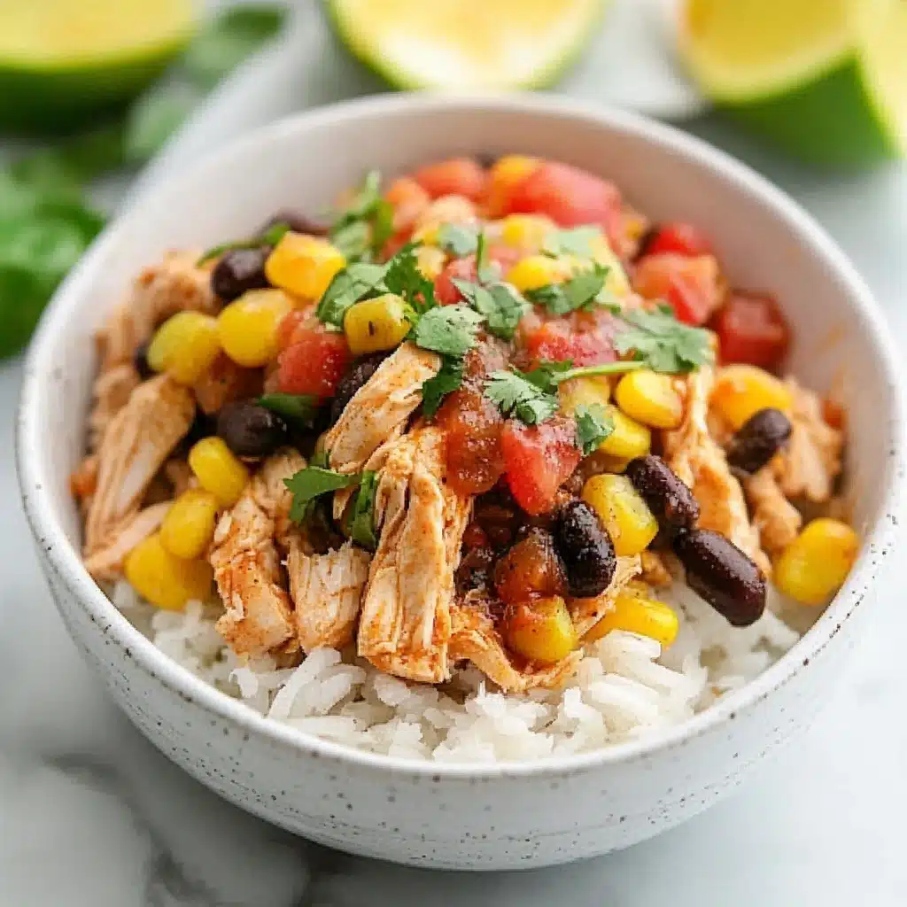 southwest chicken bowl with rice and vegetables on the side, in a white bowl topped with dressing