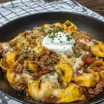 cheesy beef enchilada tortellini in a white bowl