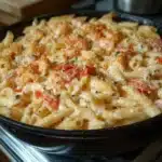 a bowl filled with pasta and vegetables on top of a table next to a wooden spoon