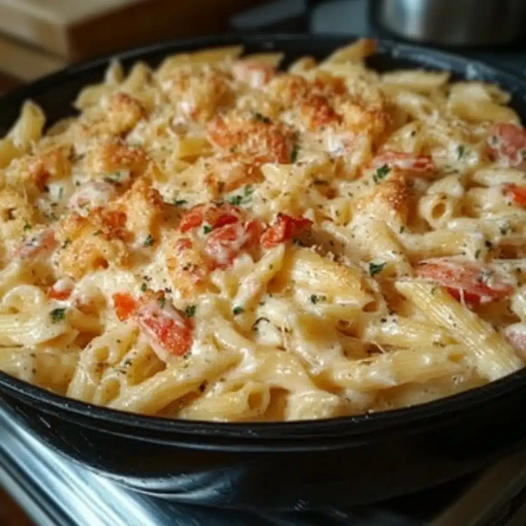 a bowl filled with pasta and vegetables on top of a table next to a wooden spoon