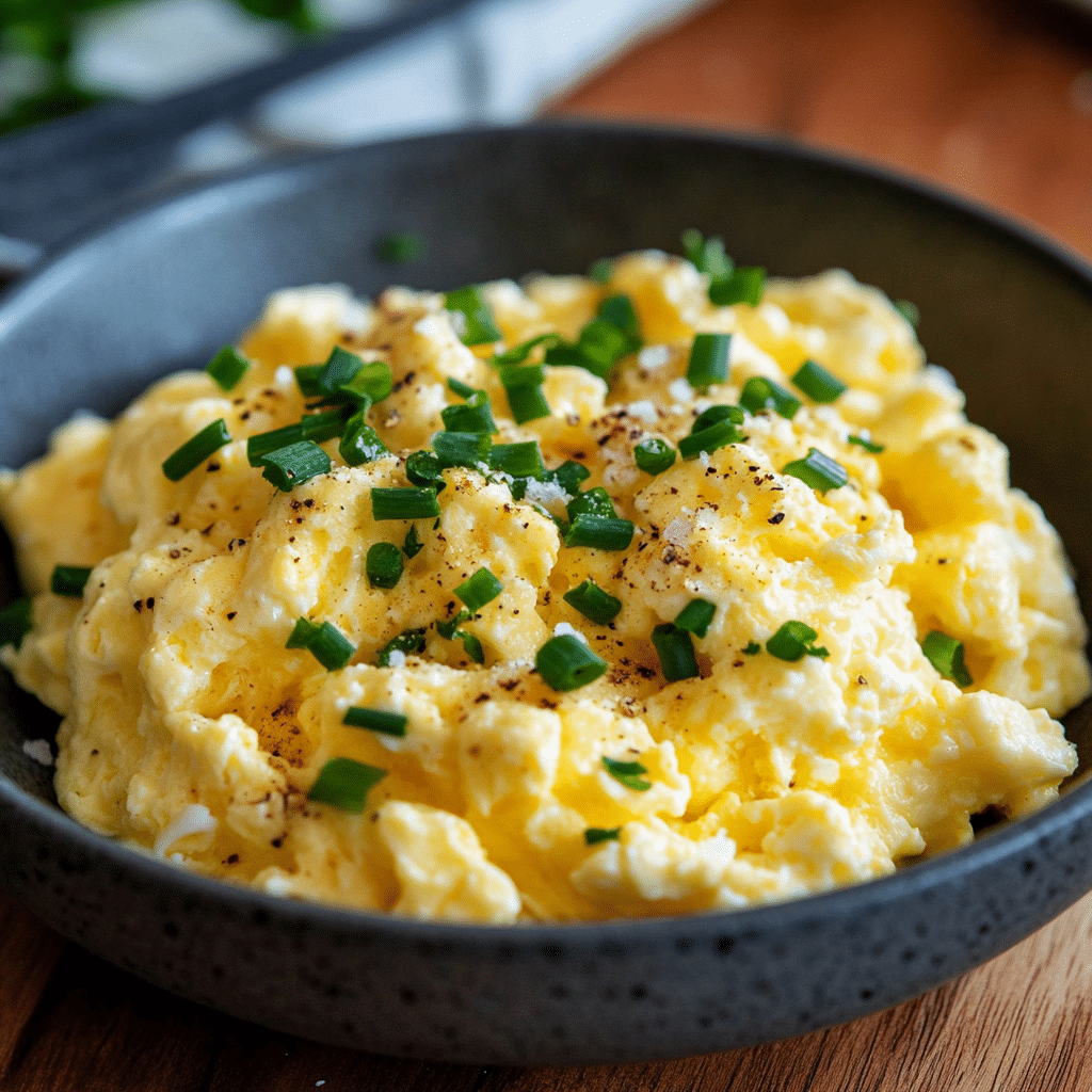 creamy cottage cheese scrambled eggs in a bowl with text overlay that reads creamy cottage cheese scrambled eggs