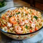 a glass bowl filled with pasta and shrimp
