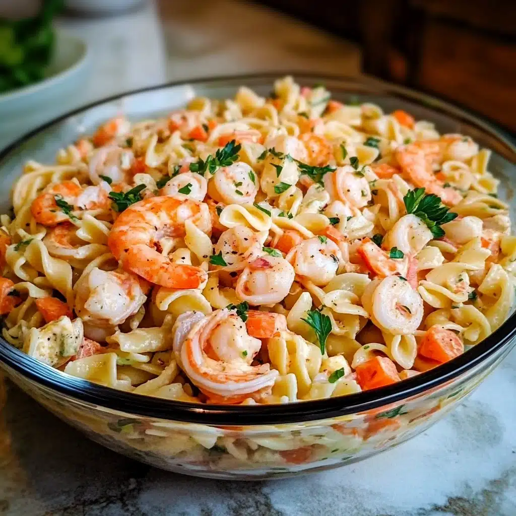 a glass bowl filled with pasta and shrimp