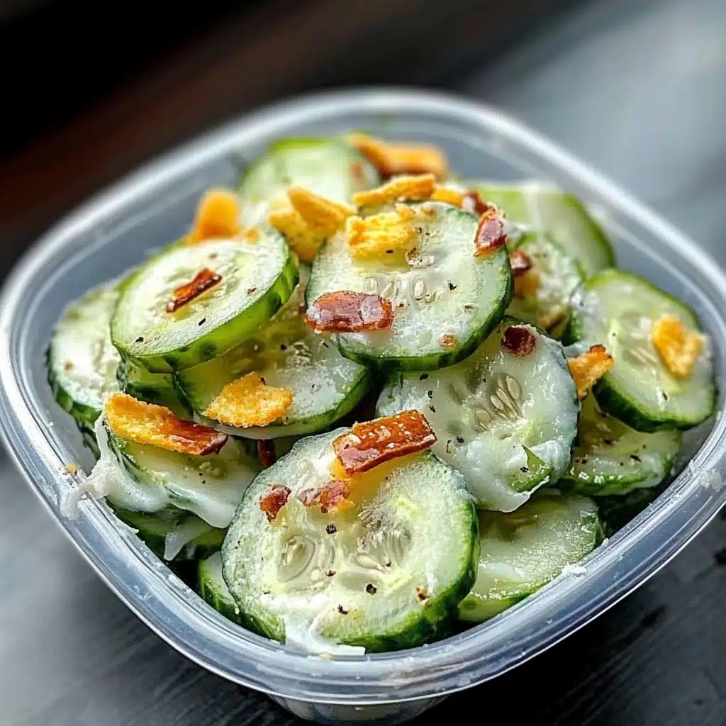 a plastic container filled with cucumber and bacon salad on top of a wooden table