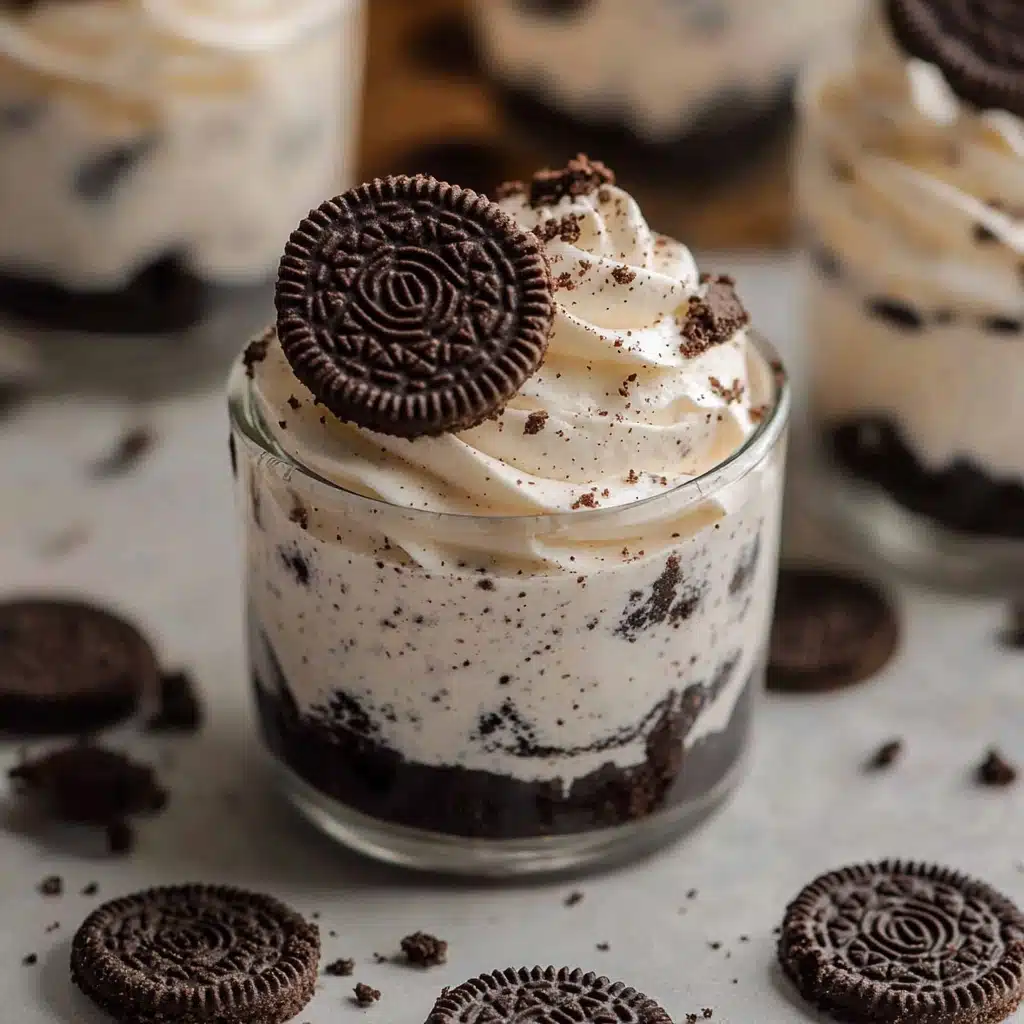 oreo cheesecake cups with cookies in the background and text overlay that reads easy no - bake oreo cheesecake cups