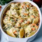 creamy seafood stuffed shells recipe in a white casserole dish with text overlay