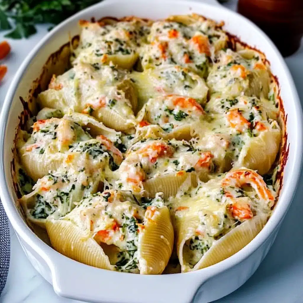 creamy seafood stuffed shells recipe in a white casserole dish with text overlay