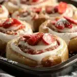 strawberry cheesecake filling, sweet dough, cream cheese frosting, decadent dessert, simple recipe, homemade sweet rolls