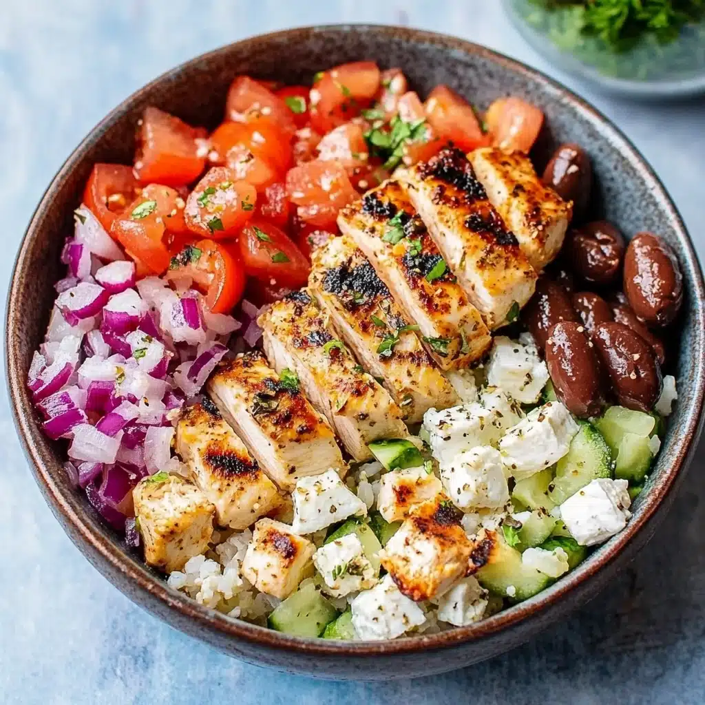 chicken and greek salad in a bowl with the words gluten - free healthy easy yummy greek chicken bowl