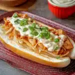 two buffalo chicken cheesesteak sandwiches on a cutting board