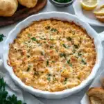 a close up of a casserole dish with bread on the side and text overlay that reads, maryland crab dip made by a true marylander