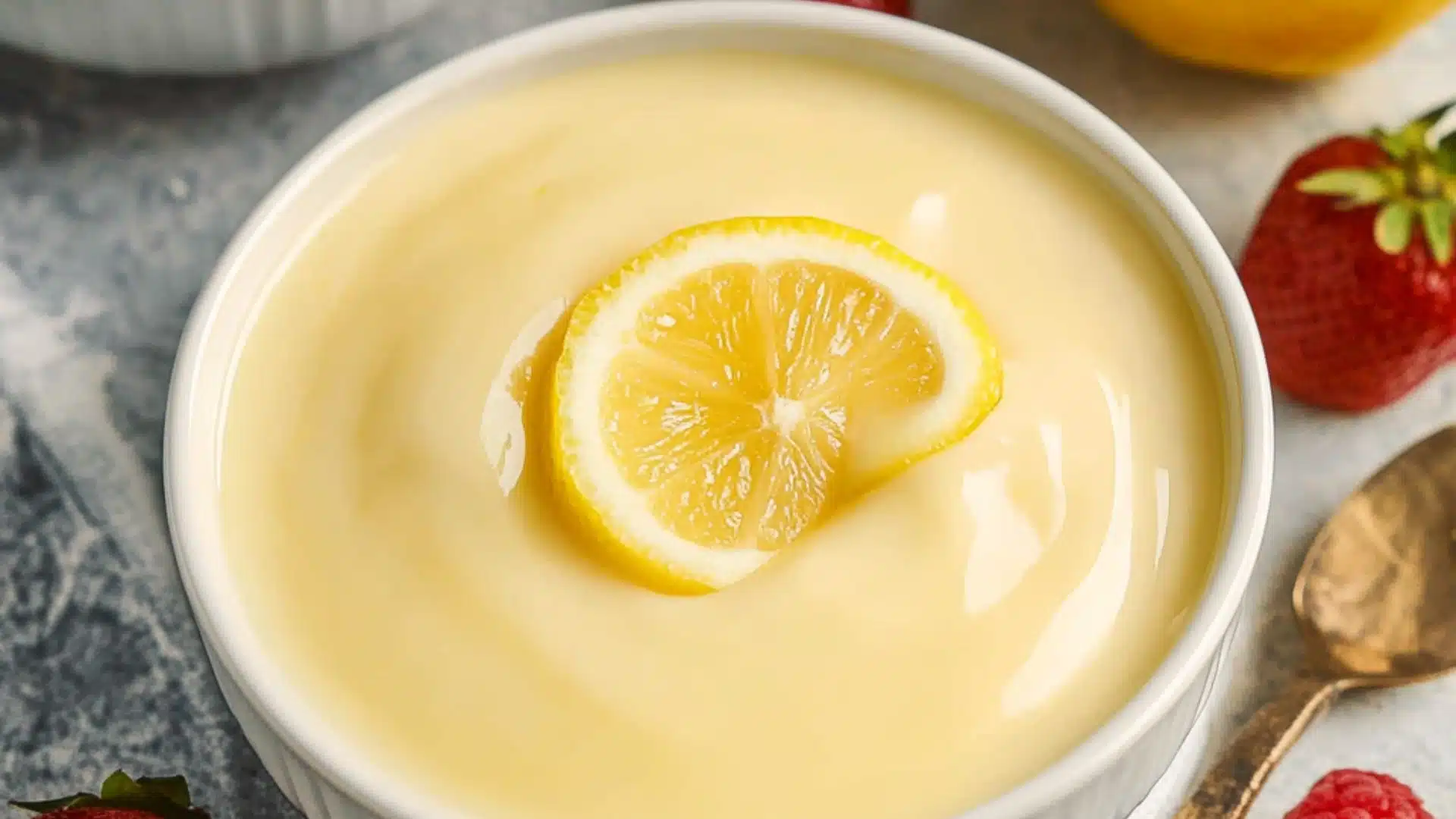 lemon vanilla custard in a glass bowl