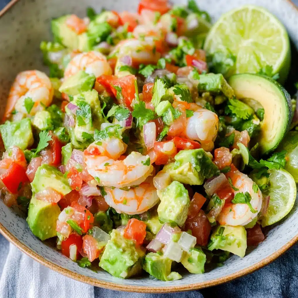 shrimp salad with avocado and tomatoes in a bowl