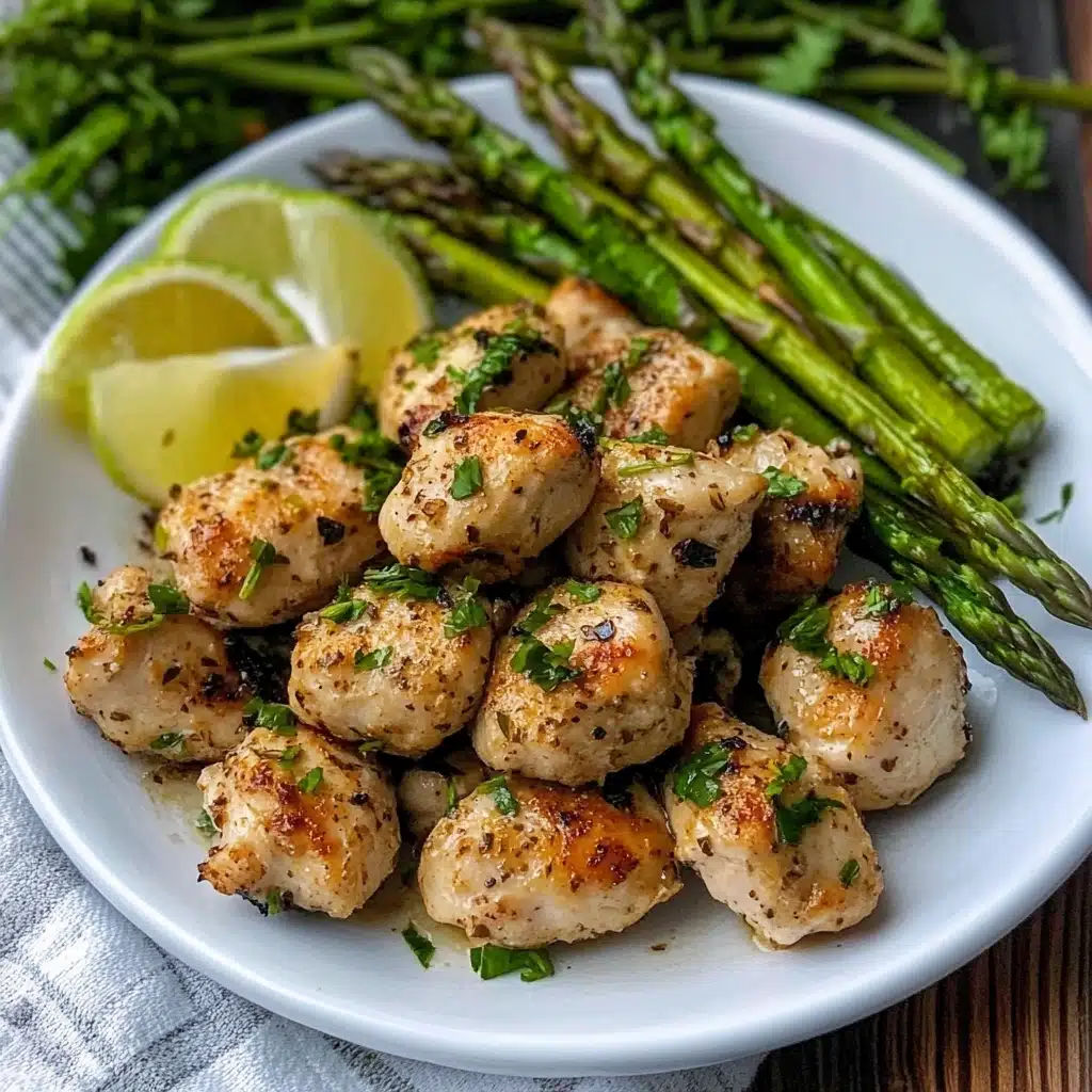 chicken and asparagus in a skillet with lemon wedges