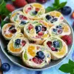an assortment of fruit salad rolls on a plate with the words summer fruit salad roll ups